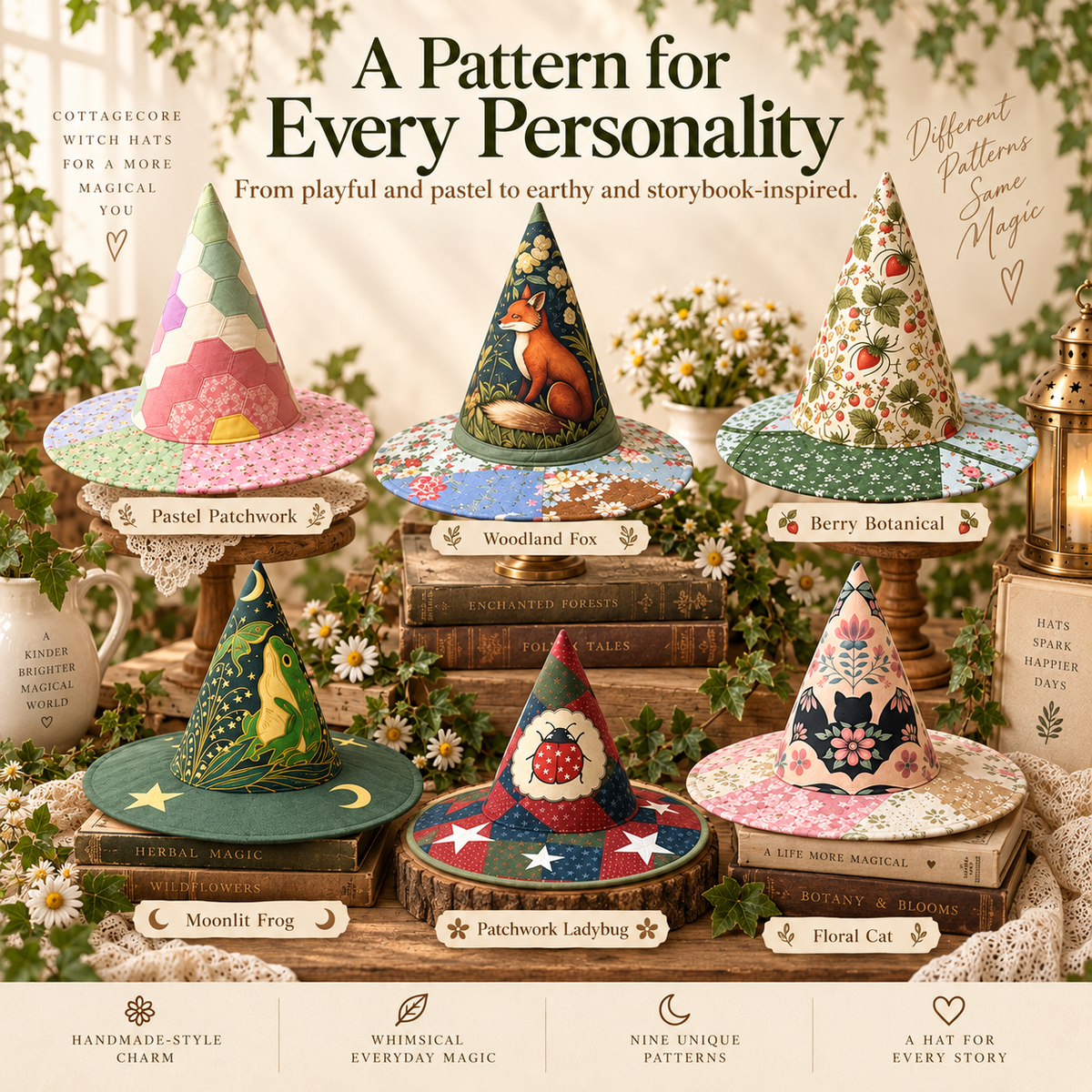 🔥Last Day 49% OFF - 🧙‍♀️ ✨ Quilted Patchwork Witch Hat – Choose Your Magical Pattern