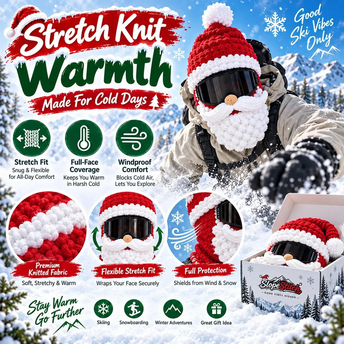 🎅🏂 3D Christmas Knit Ski Mask | 🌬️Warm Full-Face Cover in 3 Festive Styles for Ski Trips, Parties & Winter Adventures