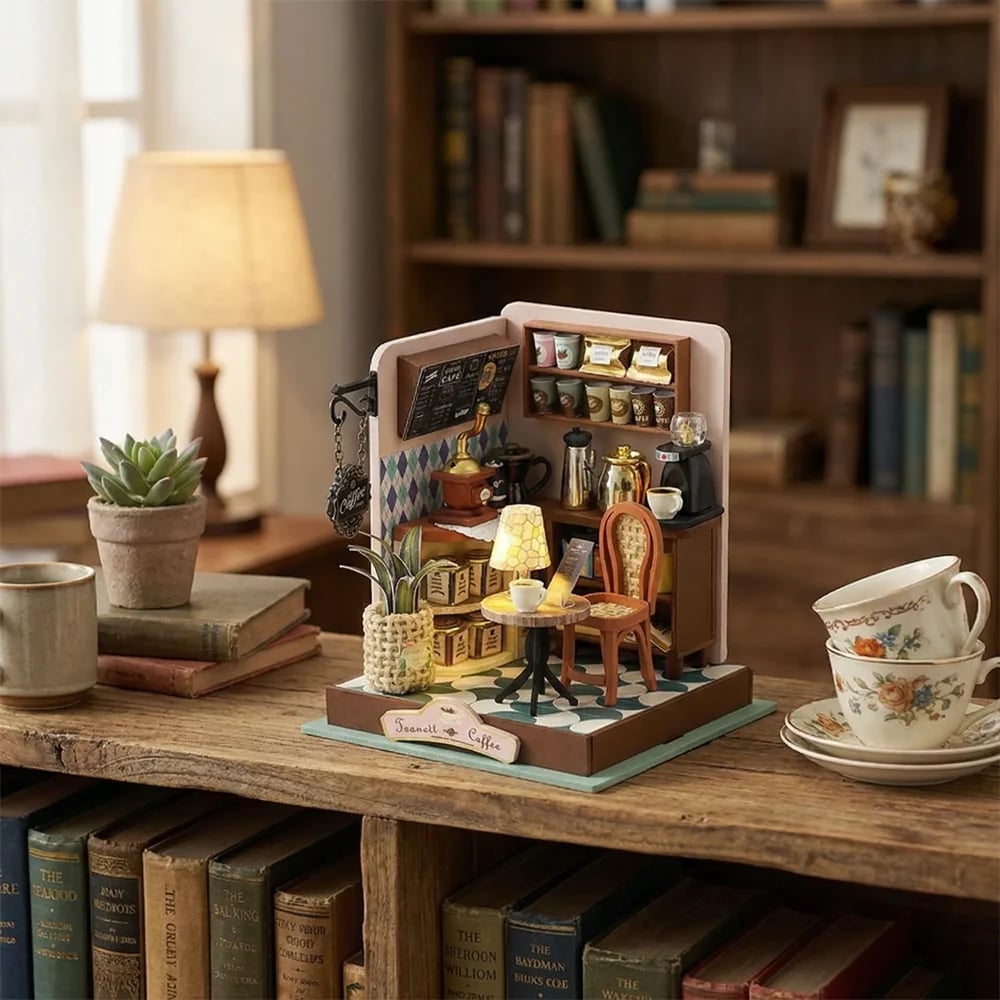 ☕✨ Cozy DIY Miniature Coffee Shop Kit – 95+ Pieces with Warm LED Light