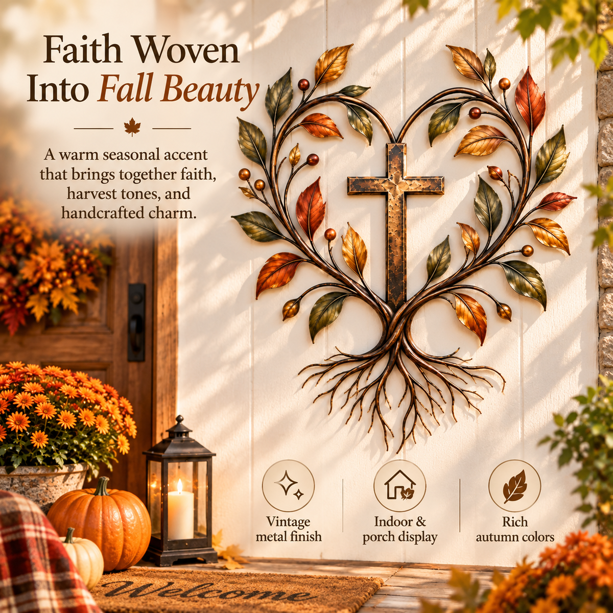 ✝️🍂 Faith & Harvest Tree Wall Art – Rustic Autumn Christian Metal Decor🎁