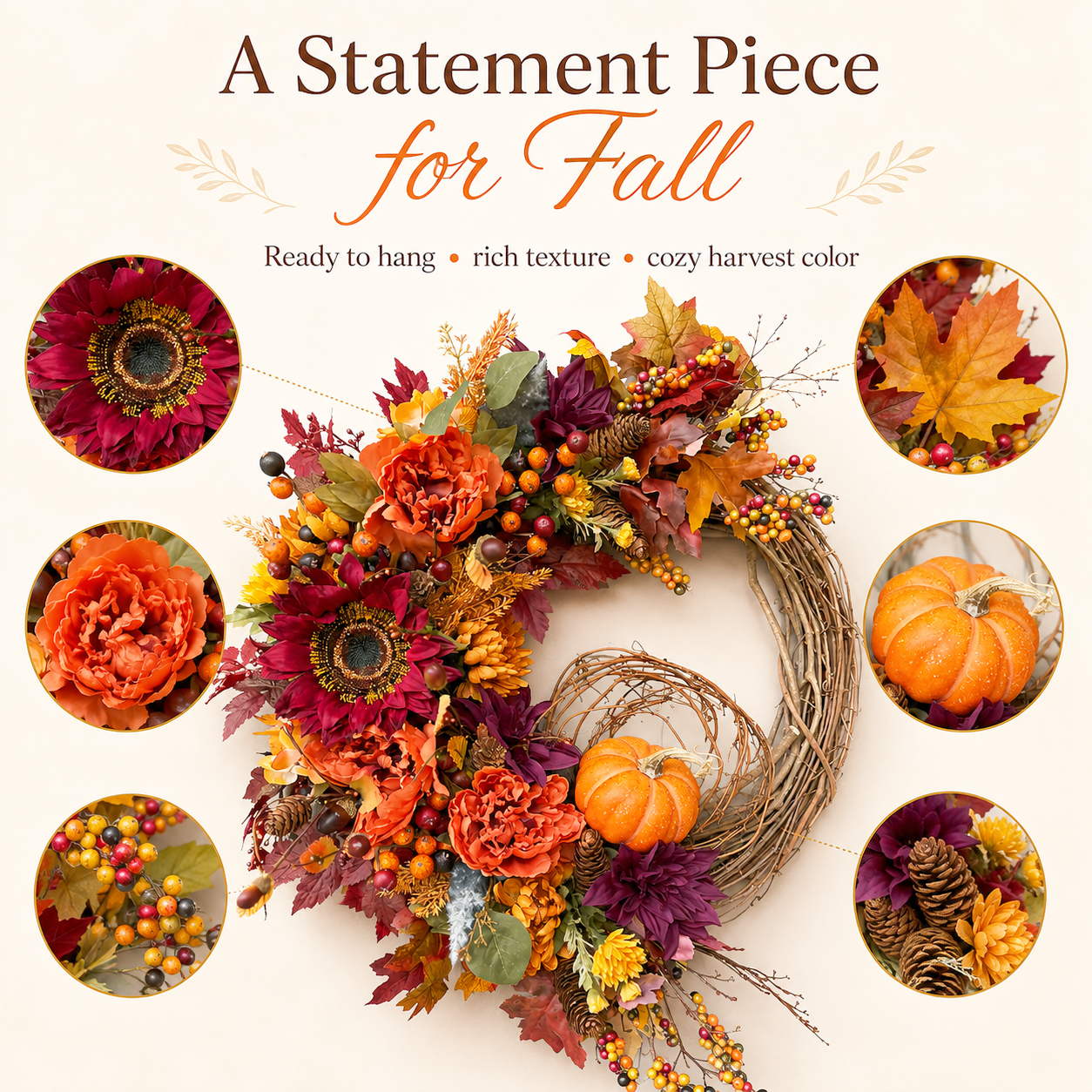 🍂 Fall Harvest Pumpkin & Sunflower Wreath