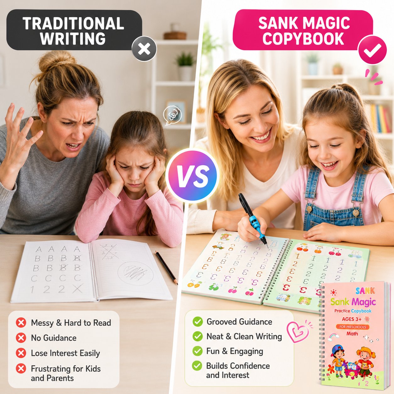 📚 Reusable Kids Handwriting Practice Set – 4 Learning Books with Magic Tracing Pen ✏️✨