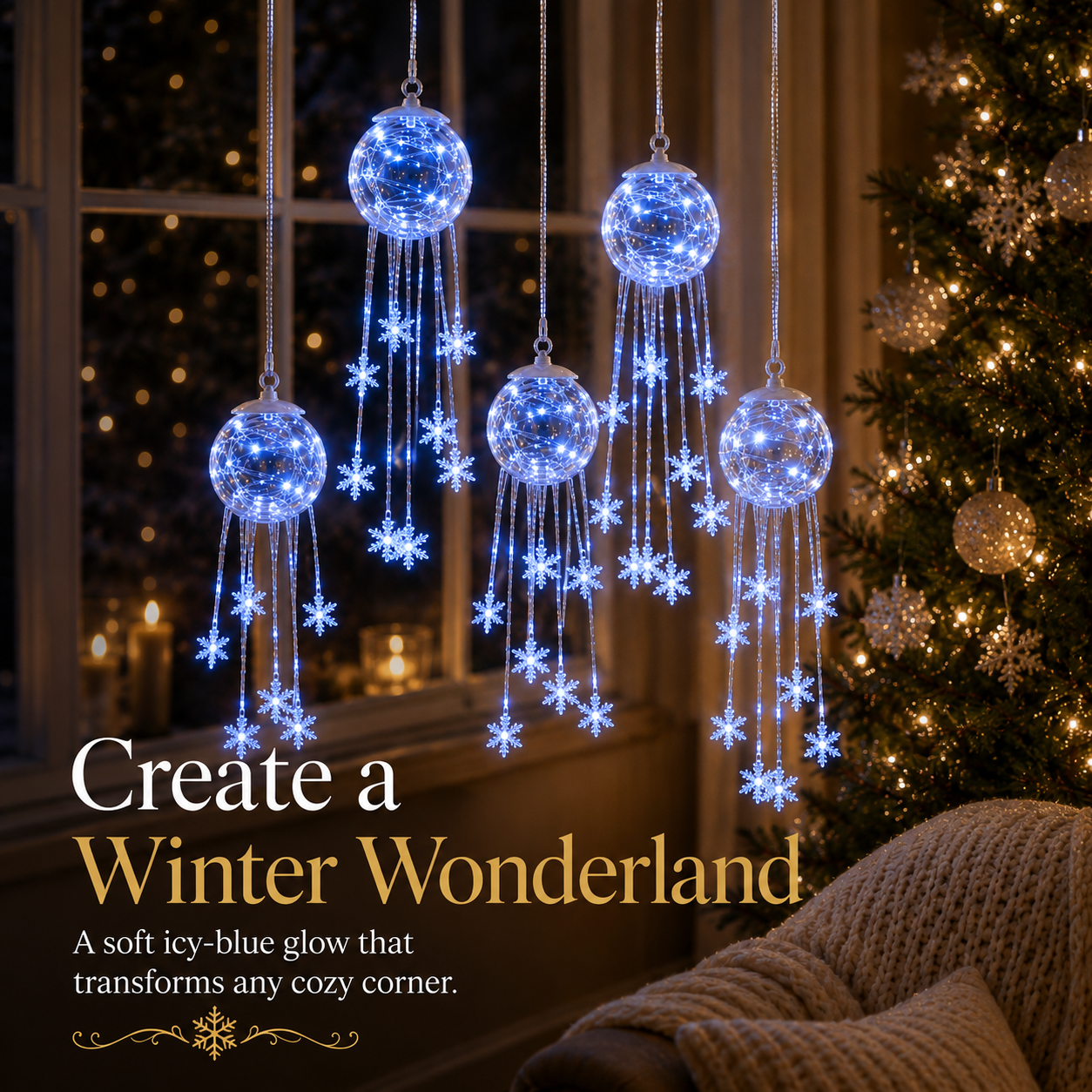 Icy blue snowflake hanging ornaments creating a winter wonderland
