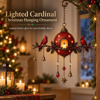 Illuminated Christmas hanging ornament with red cardinals – Festive wall decoration with warm light