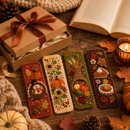 🍁 4-Piece Thanksgiving Embroidered Felt Bookmark Set