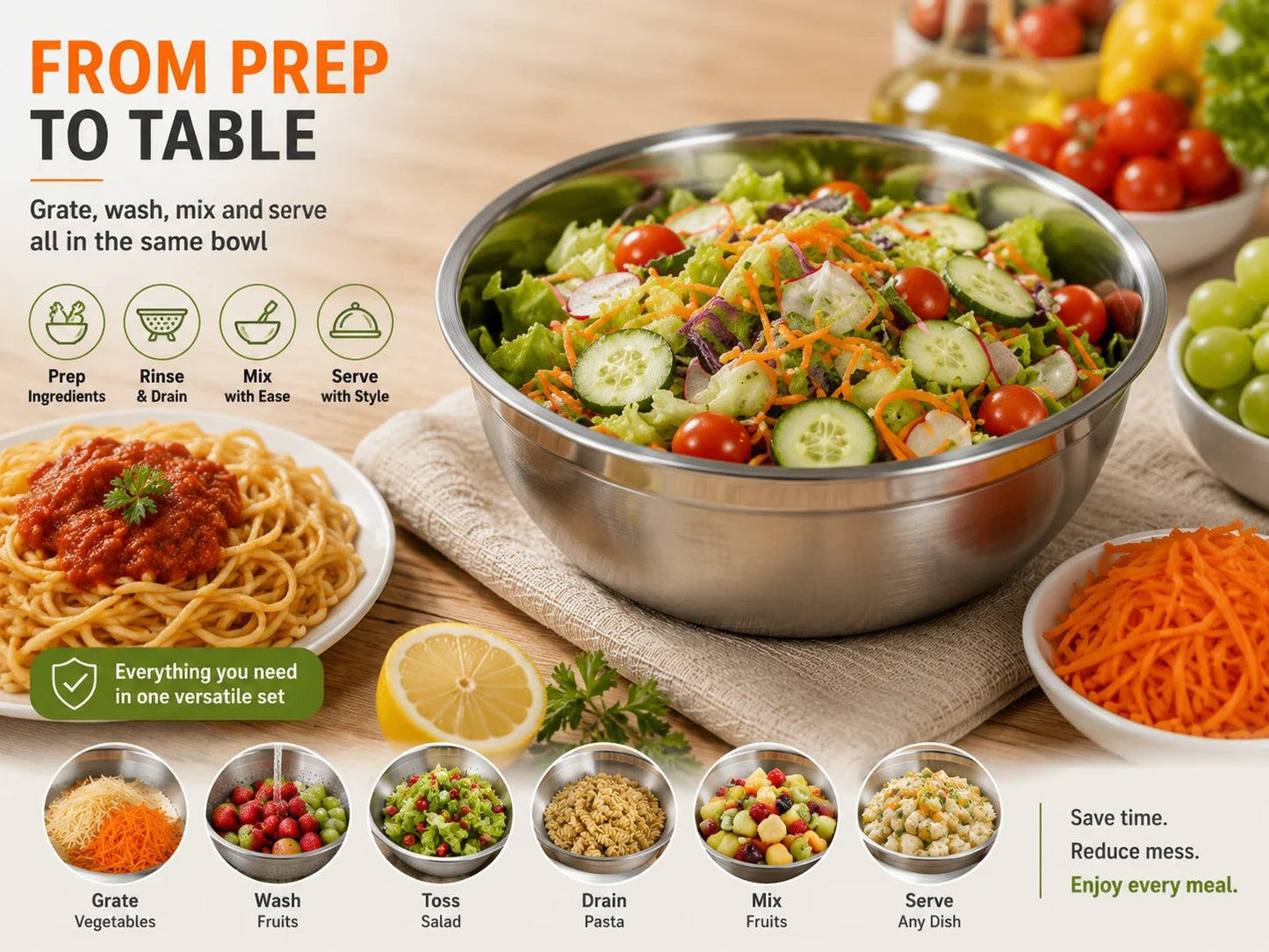 🥣✨ 3-in-1 Stainless Steel Kitchen Prep Set – Grater, Colander & Mixing Bowl