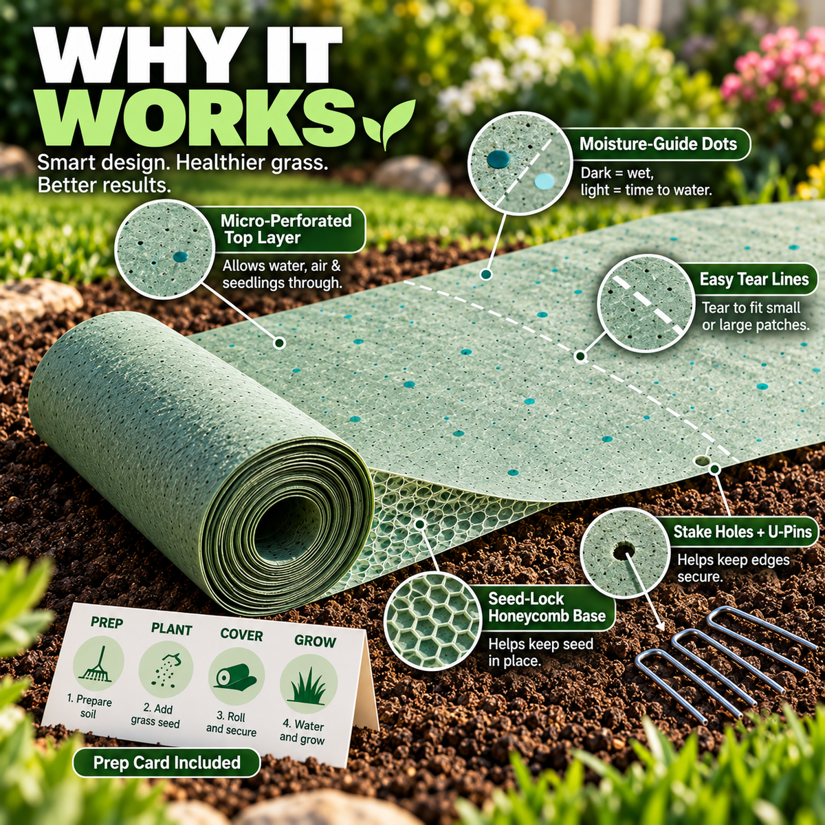 Lawn repair roll design with Seed-Lock base, moisture-guide dots and tear lines