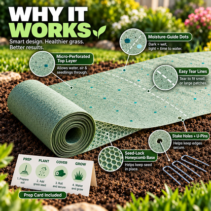 Lawn repair roll design with Seed-Lock base, moisture-guide dots and tear lines