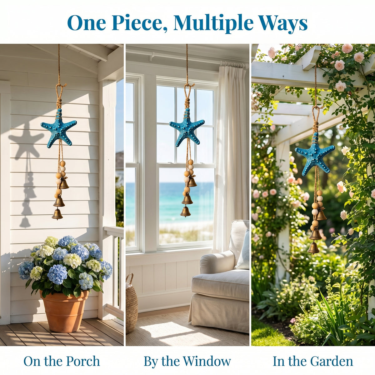 🌊⭐ Seaside Starfish Bell Chime – Rustic Coastal Hanging Decor with Natural Wood Beads