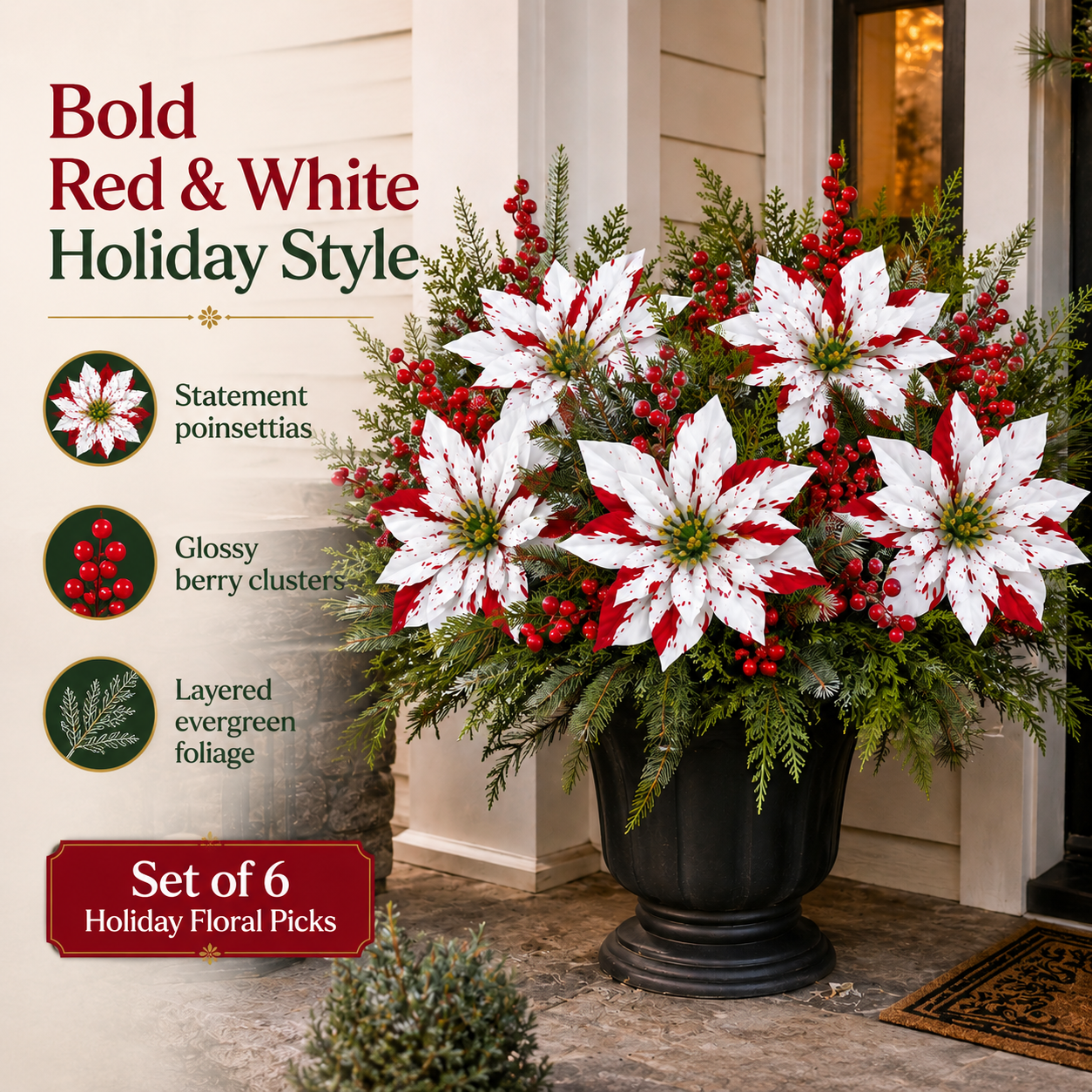 Christmas Poinsettia Planter Inserts – Set of 6 Red & White Holiday Floral Picks
