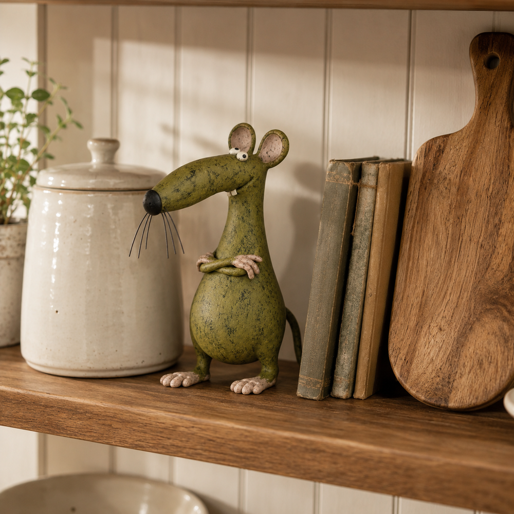 Customer-style photo of the mouse figurine on a vintage mantel