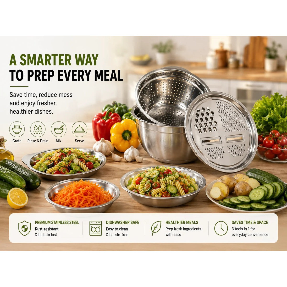 Detailed close-up of the stainless steel bowl and grater set