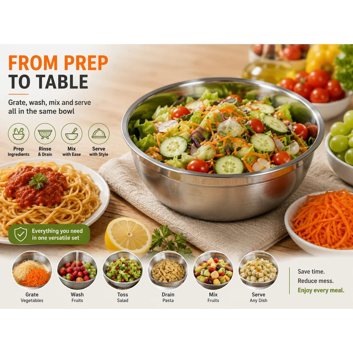 From prep to table with the stainless steel bowl set