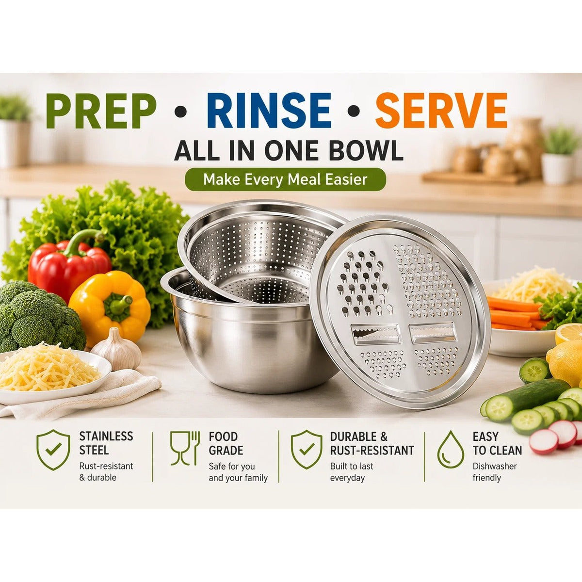 Lifestyle image showing multiple ways to use the stainless steel set