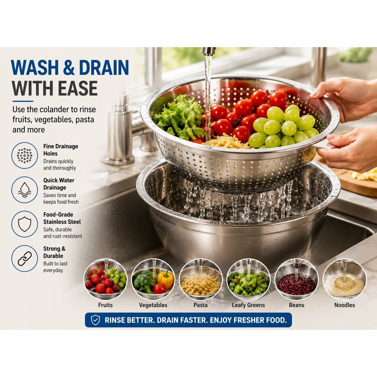 Using the stainless steel colander to rinse and drain produce