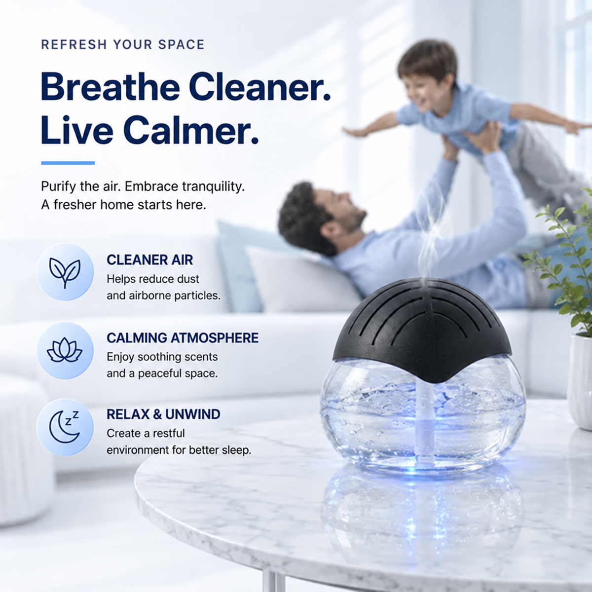 ✨ Water Air Purifier & Aroma Diffuser – 7-Color LED Home Air Freshener, ETL Certified