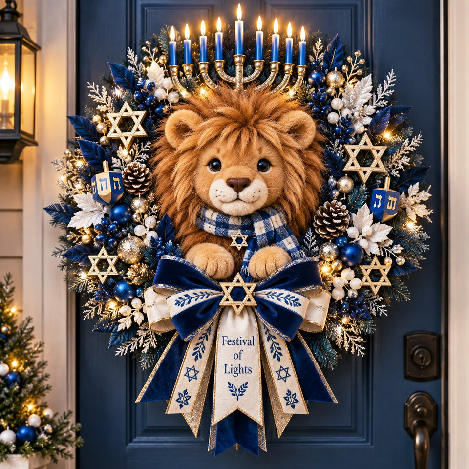 Mature woman hanging the Lion of Judah Hanukkah wreath