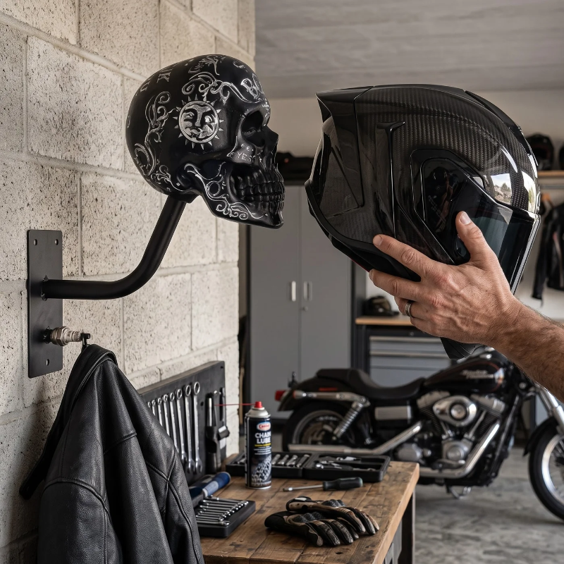 💀Skull Motorcycle Helmet Holder – Punk Skull Wall Mount Rack for Helmets, Jackets & Garage Decor