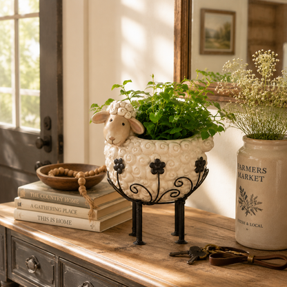 🐑✨Cute Farmhouse Sheep Planter with Iron Stand