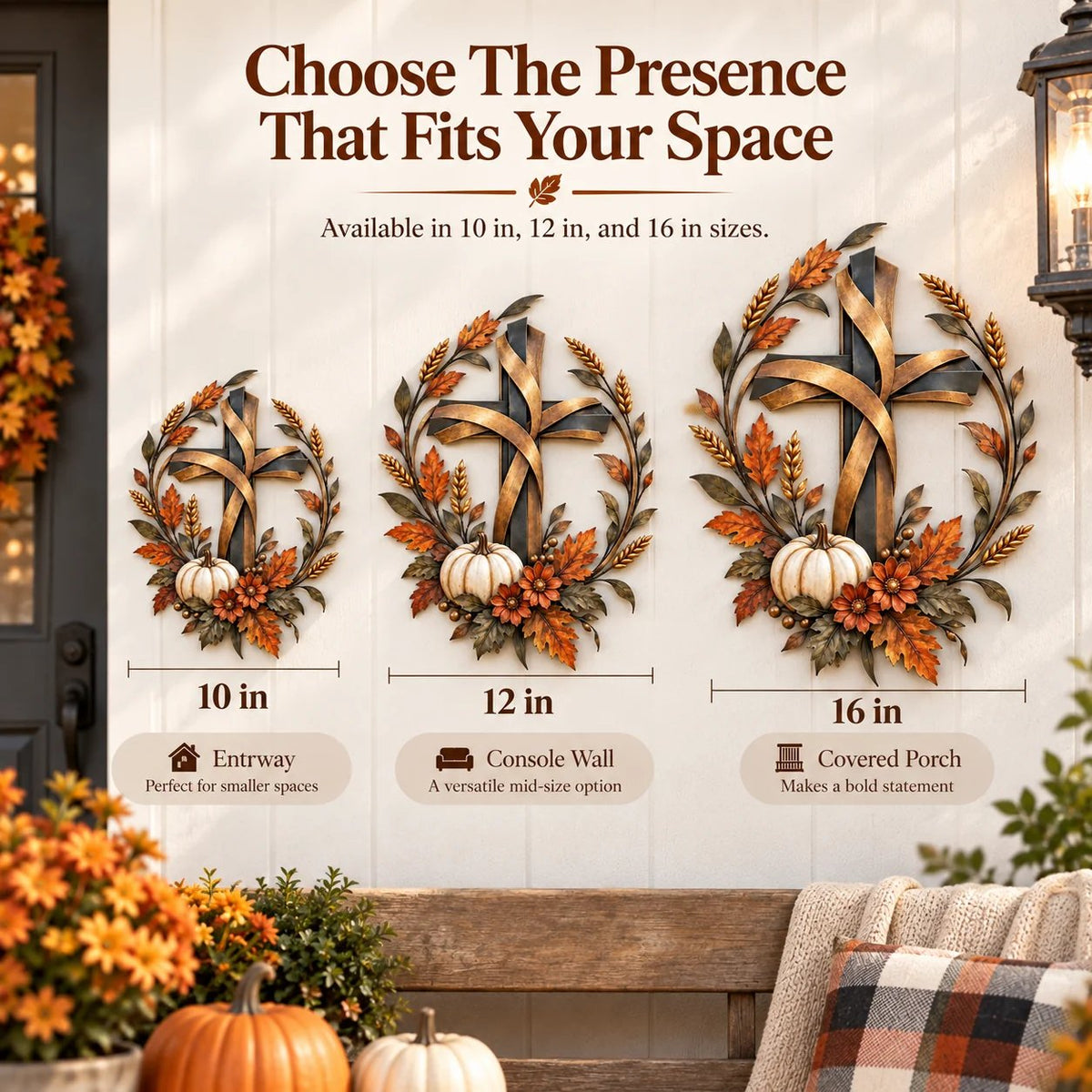 🍂 Autumn Harvest Cross Metal Wall Decor With White Pumpkin