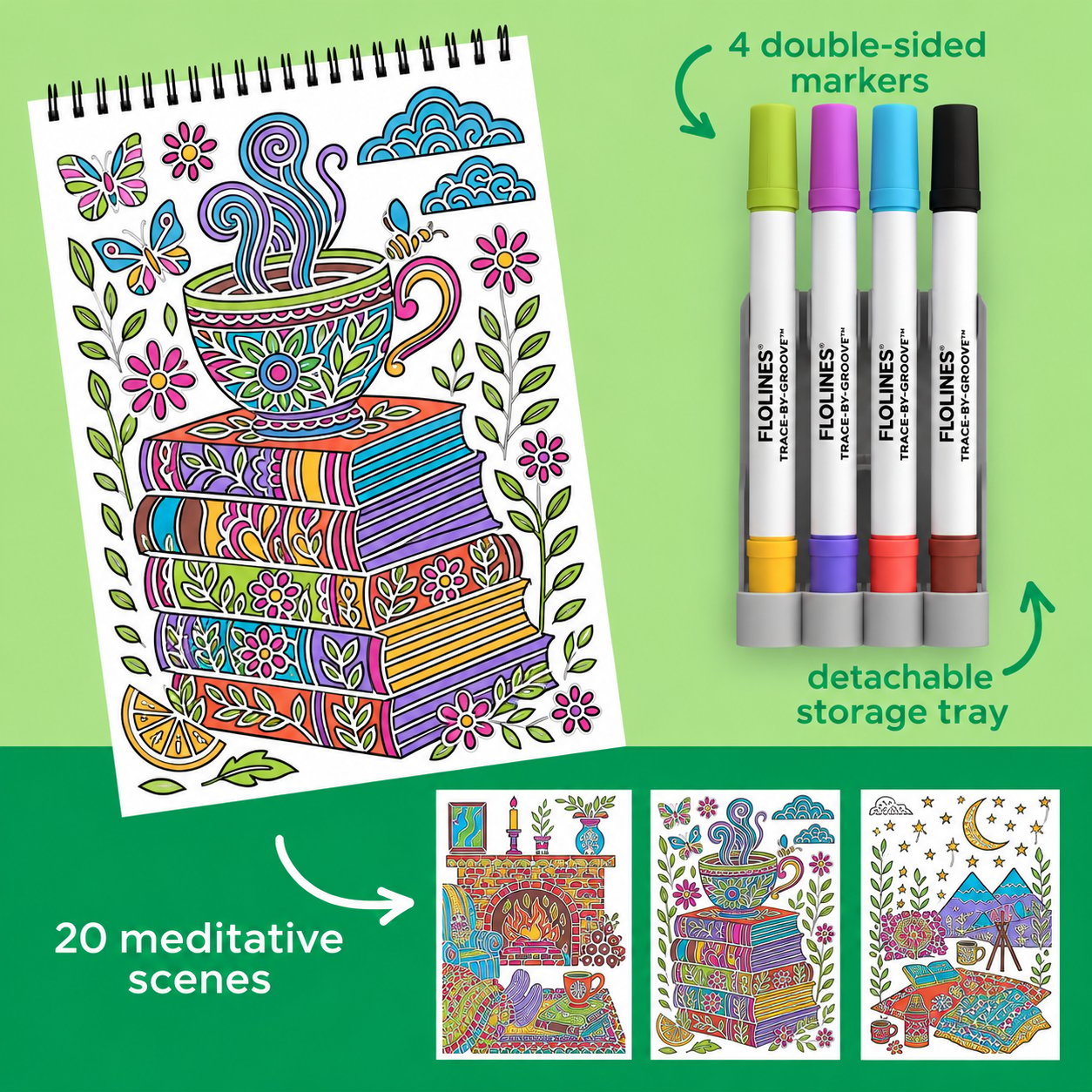 🌿 Trace-By-Groove Guided Flow Art Coloring Pad with Double-Sided Markers 🎨