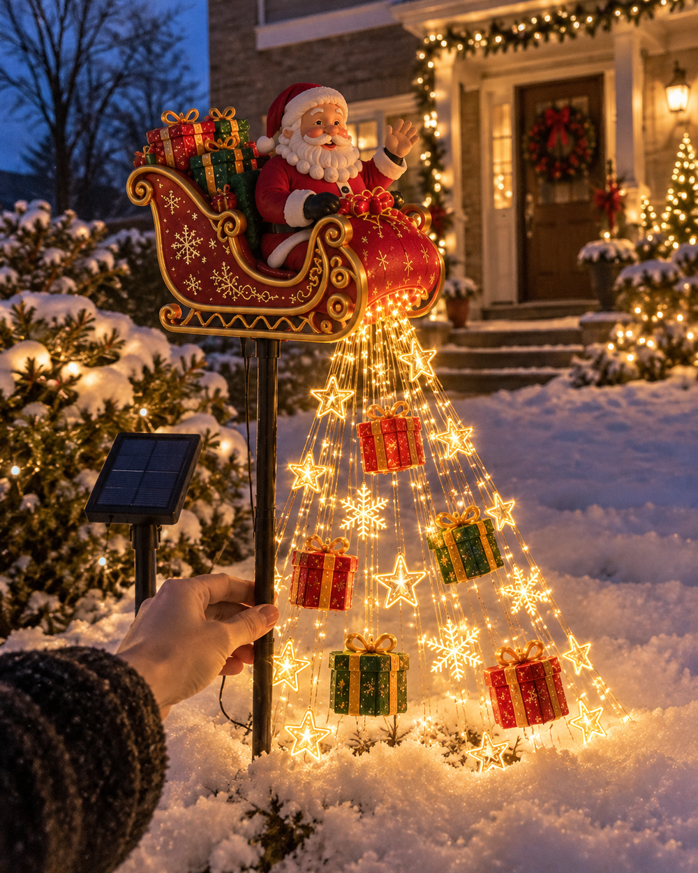 Snowman reindeer and Santa Christmas garden lights at night