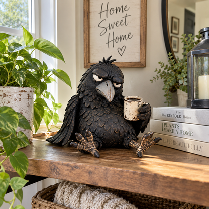 🔥Rustic Vintage Raven Figurine with Coffee Mug – Grumpy Crow Farmhouse Tabletop Decor