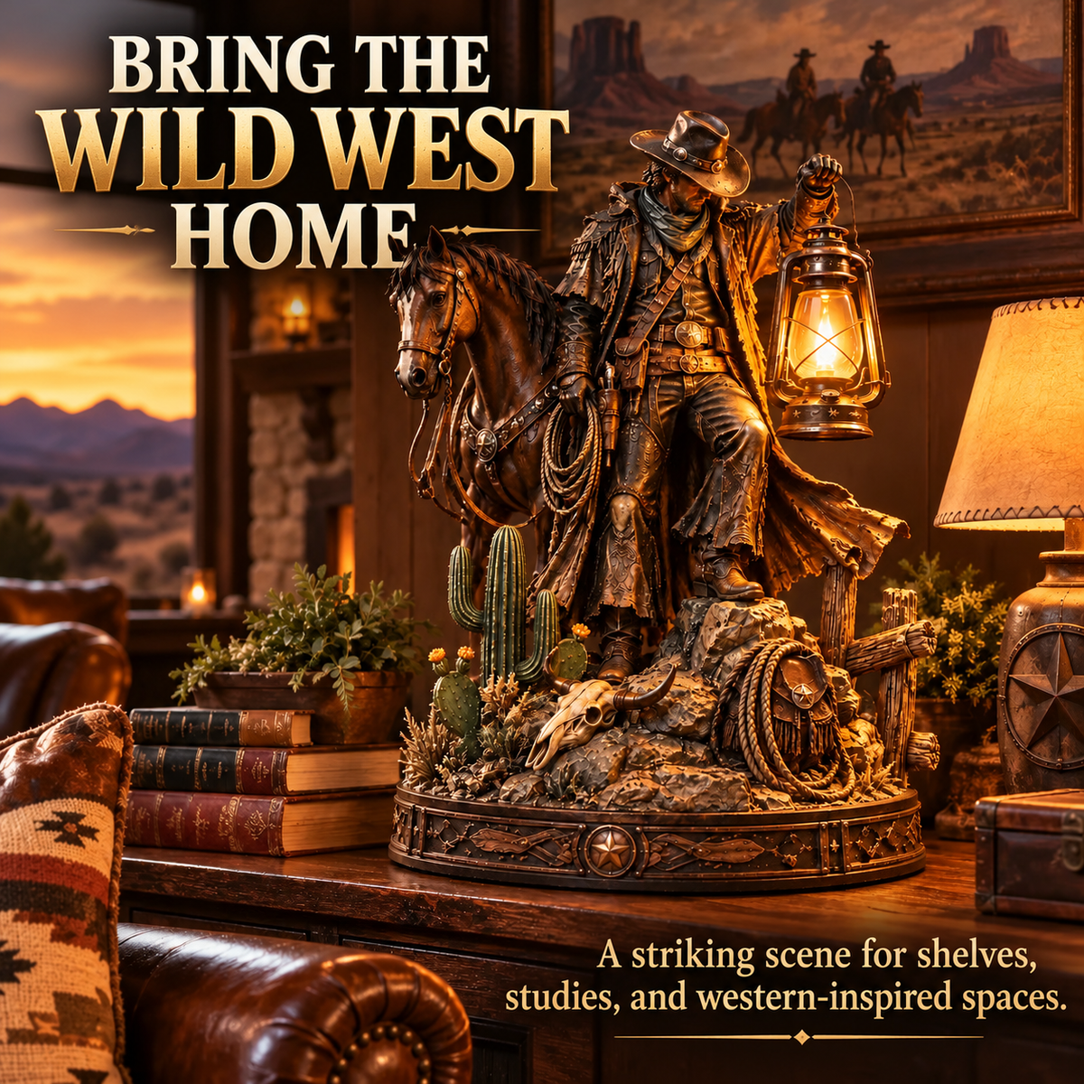 ✨Last Light of the Frontier – Western Rider & Horse Lantern Statue