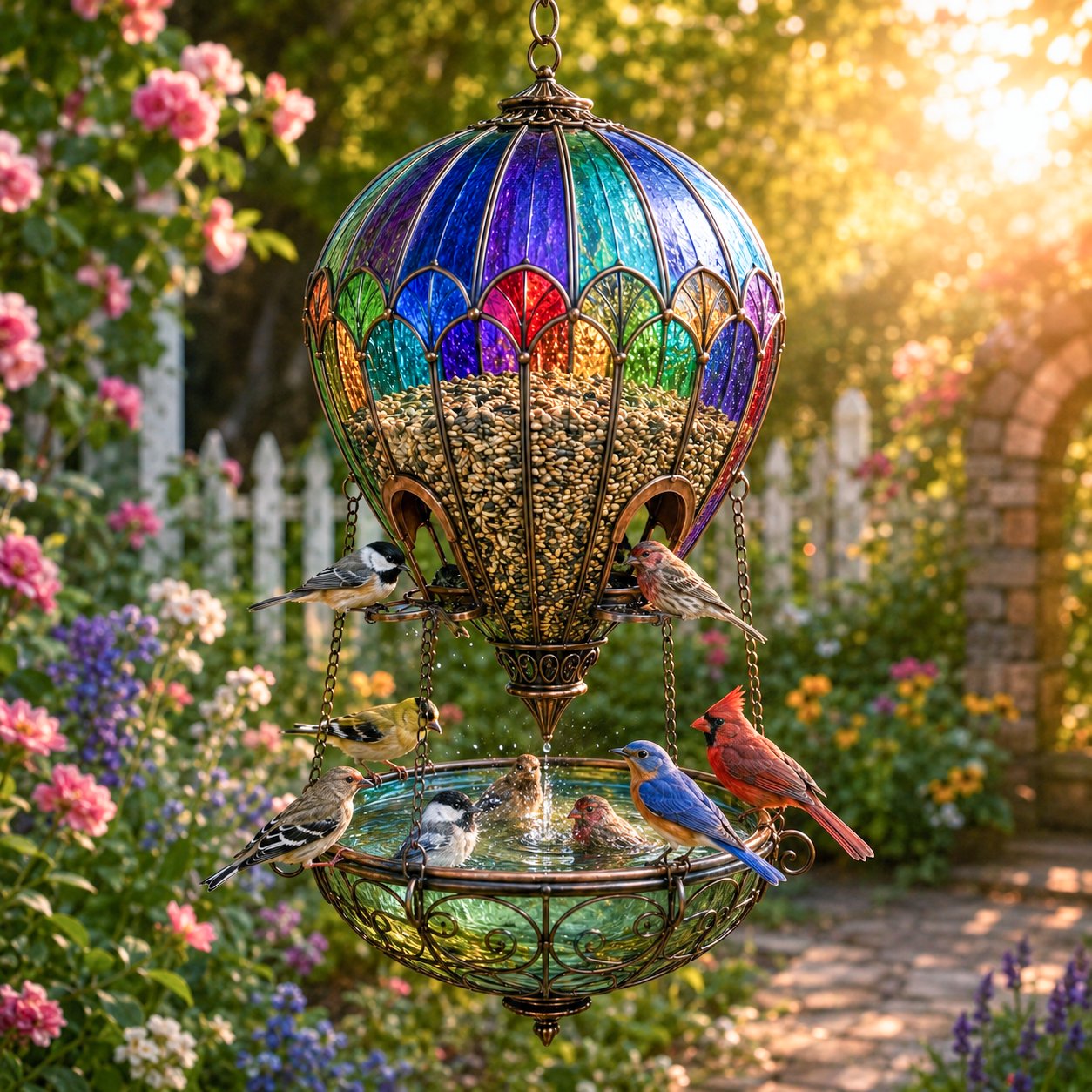 Colorful balloon garden ornament glowing in sunlight