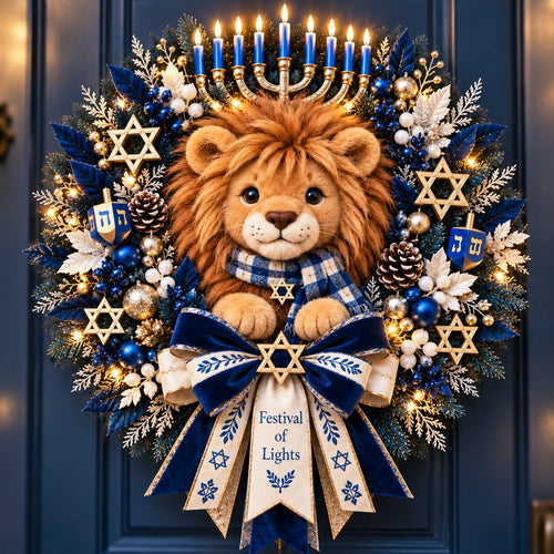 🦁 Lion of Judah Hanukkah Lighted Wreath - A Warm & Meaningful Welcome for the Festival of Lights ✨