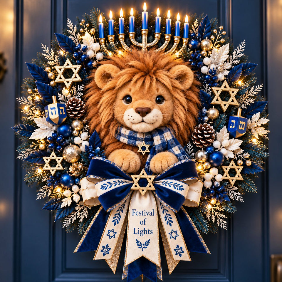 Lion of Judah Hanukkah lighted wreath on a navy front door