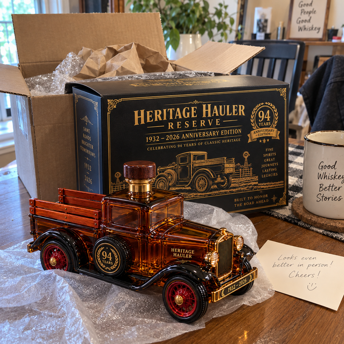 Vintage pickup decanter close-up with hand interaction