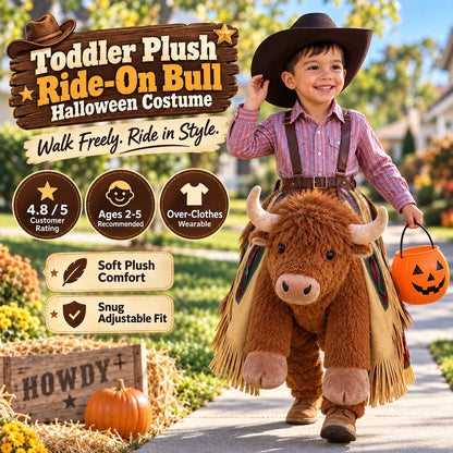 Plush Bull Rider Ride‑On Kids Costume, Adjustable Harness Toddler Halloween Outfit