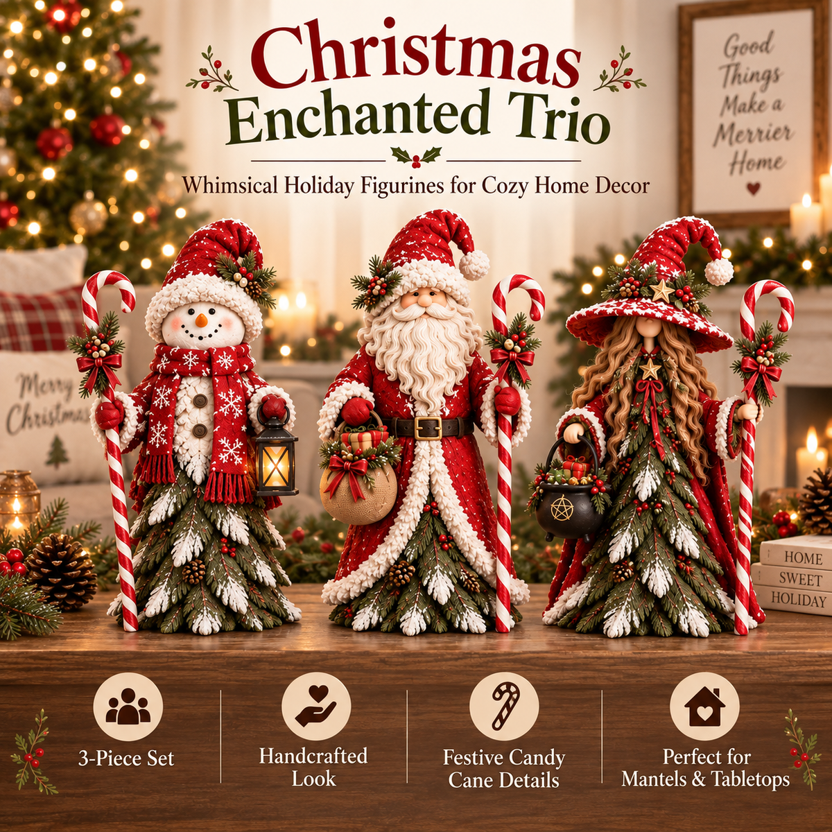 🎄 Christmas Enchanted Trio – Santa, Snowman & Holiday Witch Figurine Set