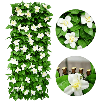 🔥HOT SALE🔥Extendable Simulation Rattan Fence with White Flowers Decorating Green Leaves, Stretchable Folding Design, Privacy Shielding Courtyard Balcony Walls, Artificial Green Plants