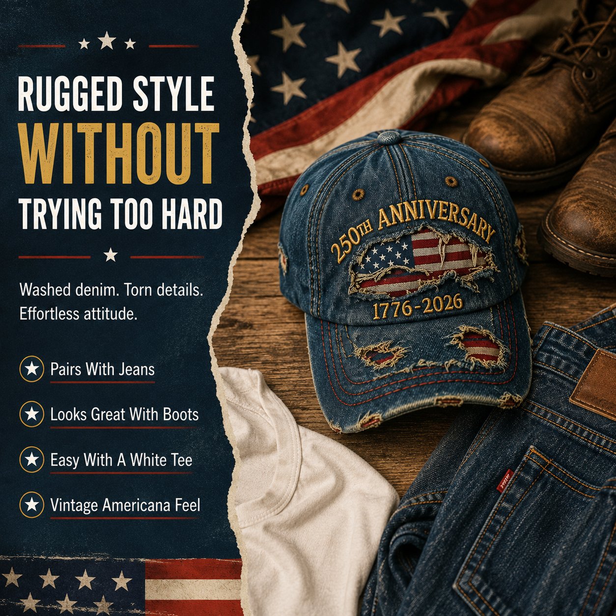 🇺🇸250th Anniversary 1776-2026 Handmade Distressed Denim Baseball Cap🧢