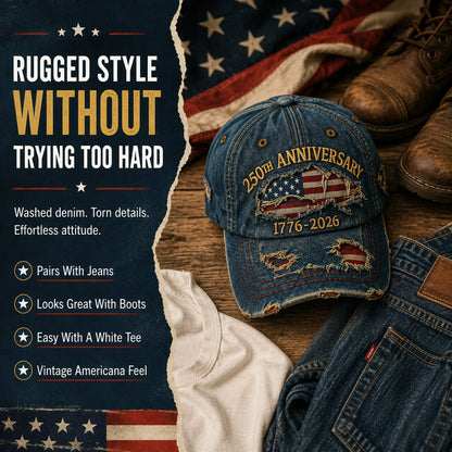 🇺🇸250th Anniversary 1776-2026 Handmade Distressed Denim Baseball Cap🧢