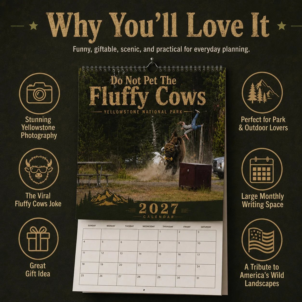 "Do Not Pet The Fluffy Cows" 🏞️ Bison Yellowstone National Park 2027 Wall Calendar