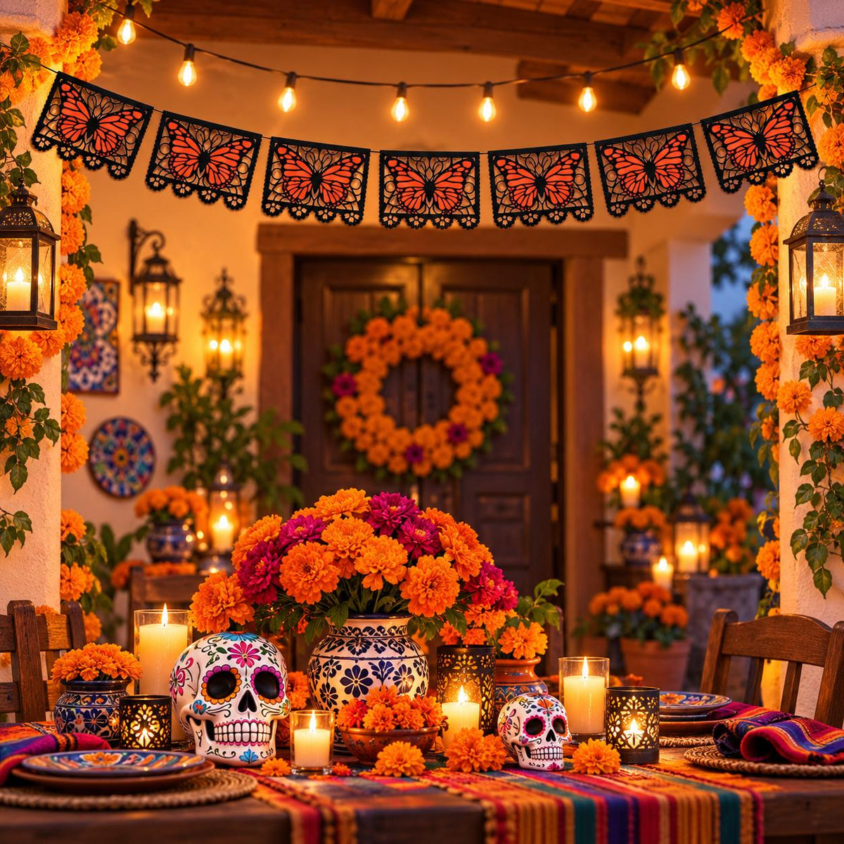 🔥LAST DAY 50% OFF - 🦋 Monarch Butterfly Día de los Muertos Banner | 9.8FT Black & Orange Papel Picado-Style Garland 🌺