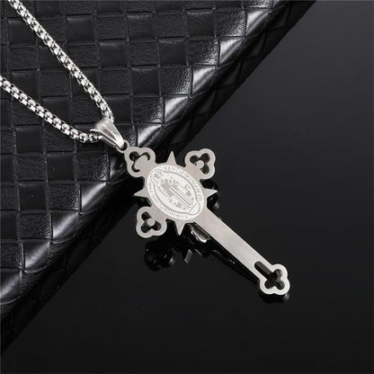 ✝️ Faith & Strength Cross Pendant – Saint Benedict-Inspired Stainless Steel Necklace