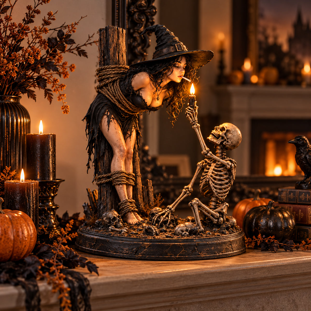 Witch & Skeleton Candle Scene Figurine – Dark Gothic Halloween Tabletop Decor