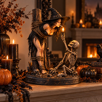 Witch & Skeleton Candle Scene Figurine – Dark Gothic Halloween Tabletop Decor
