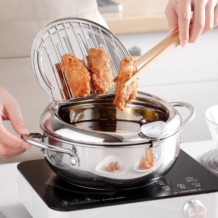 🍤🌡️ Japanese-Style Frying Pot – 304 Stainless Steel with Thermometer & Draining Basket