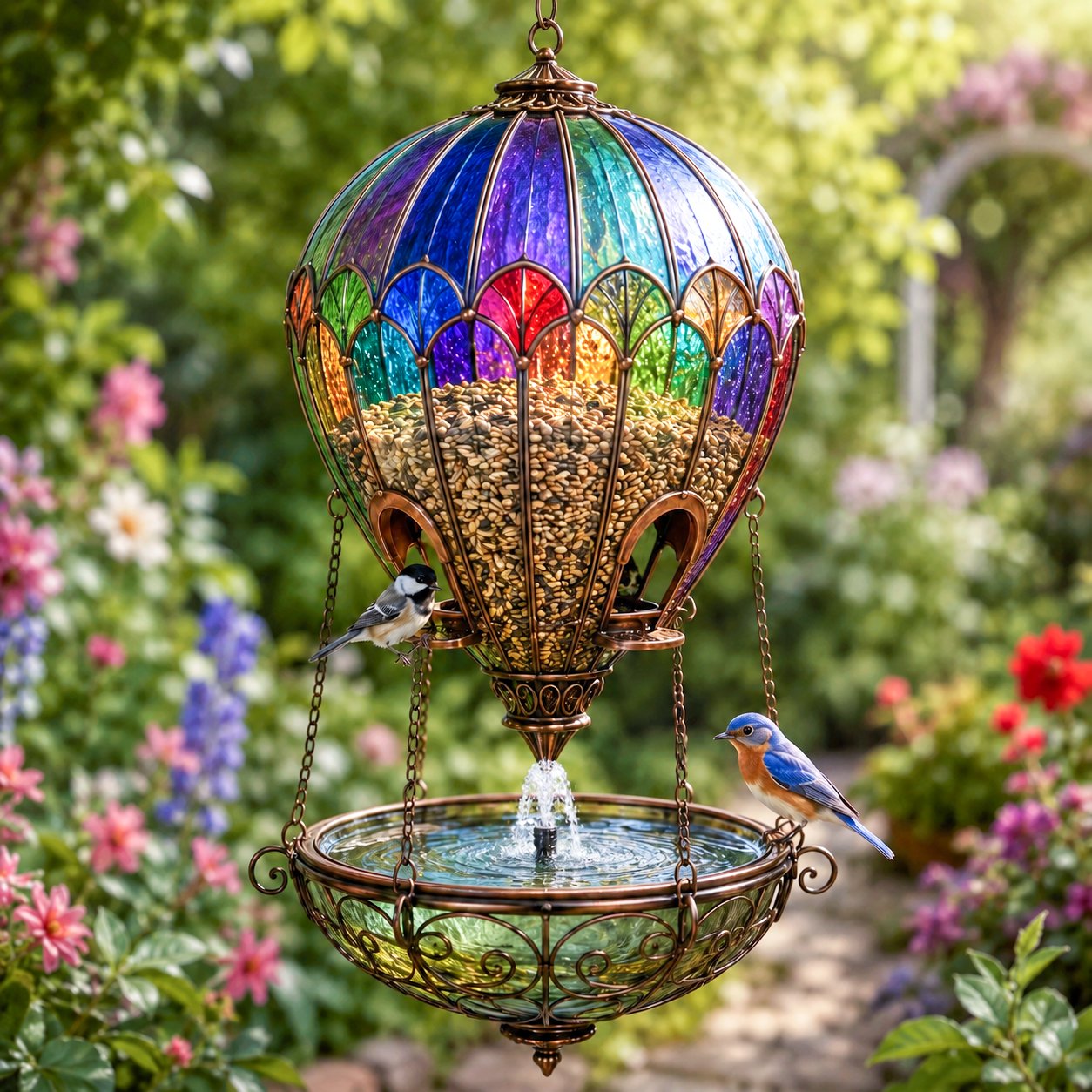 Colorful hot air balloon garden bird station
