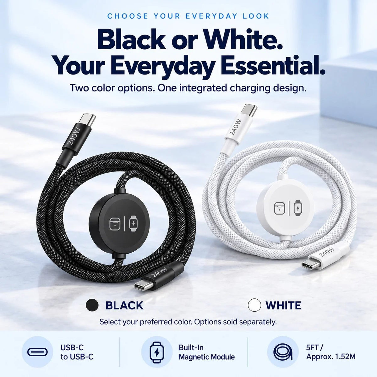 🔌 3-in-1 USB-C Charging Cable with Built-In Watch Charger – 5FT Braided Travel Cord for Compatible Phones, Watches & Earbud Cases