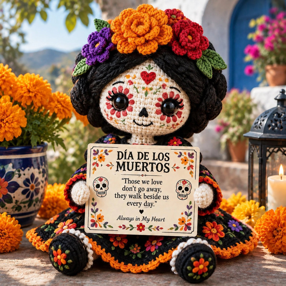 🏵️ 💕 Handcrafted Día de los Muertos Crochet Doll – Sugar Skull Catrina Figurine with Floral Dress & Memorial Sign