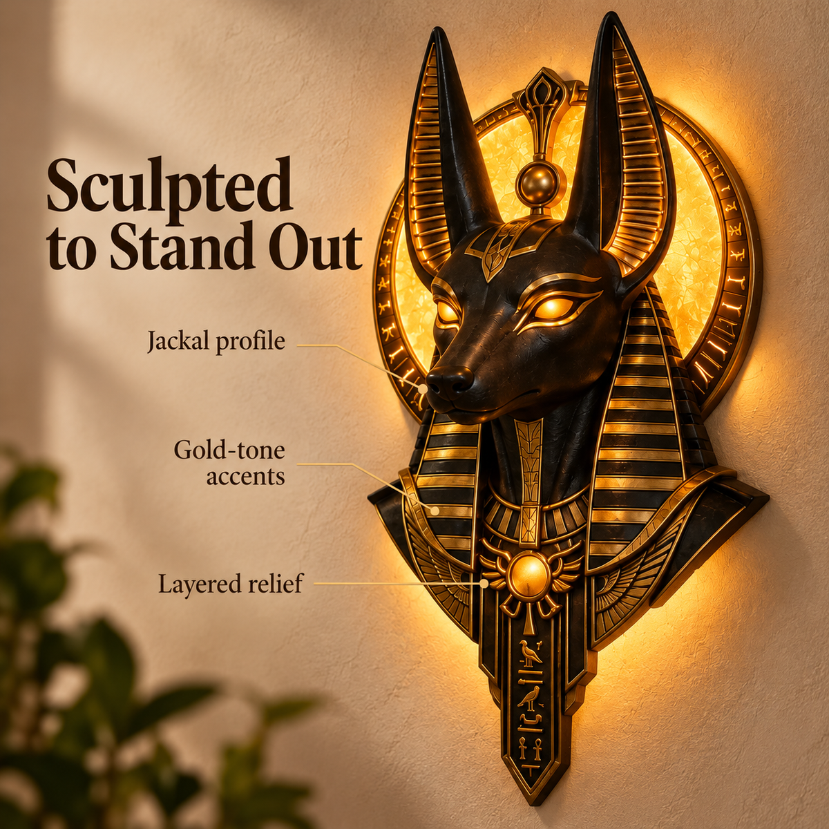 Close view of the Anubis jackal profile, gold-tone accents and layered relief