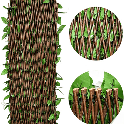 🔥HOT SALE🔥Extendable Simulation Rattan Fence with White Flowers Decorating Green Leaves, Stretchable Folding Design, Privacy Shielding Courtyard Balcony Walls, Artificial Green Plants