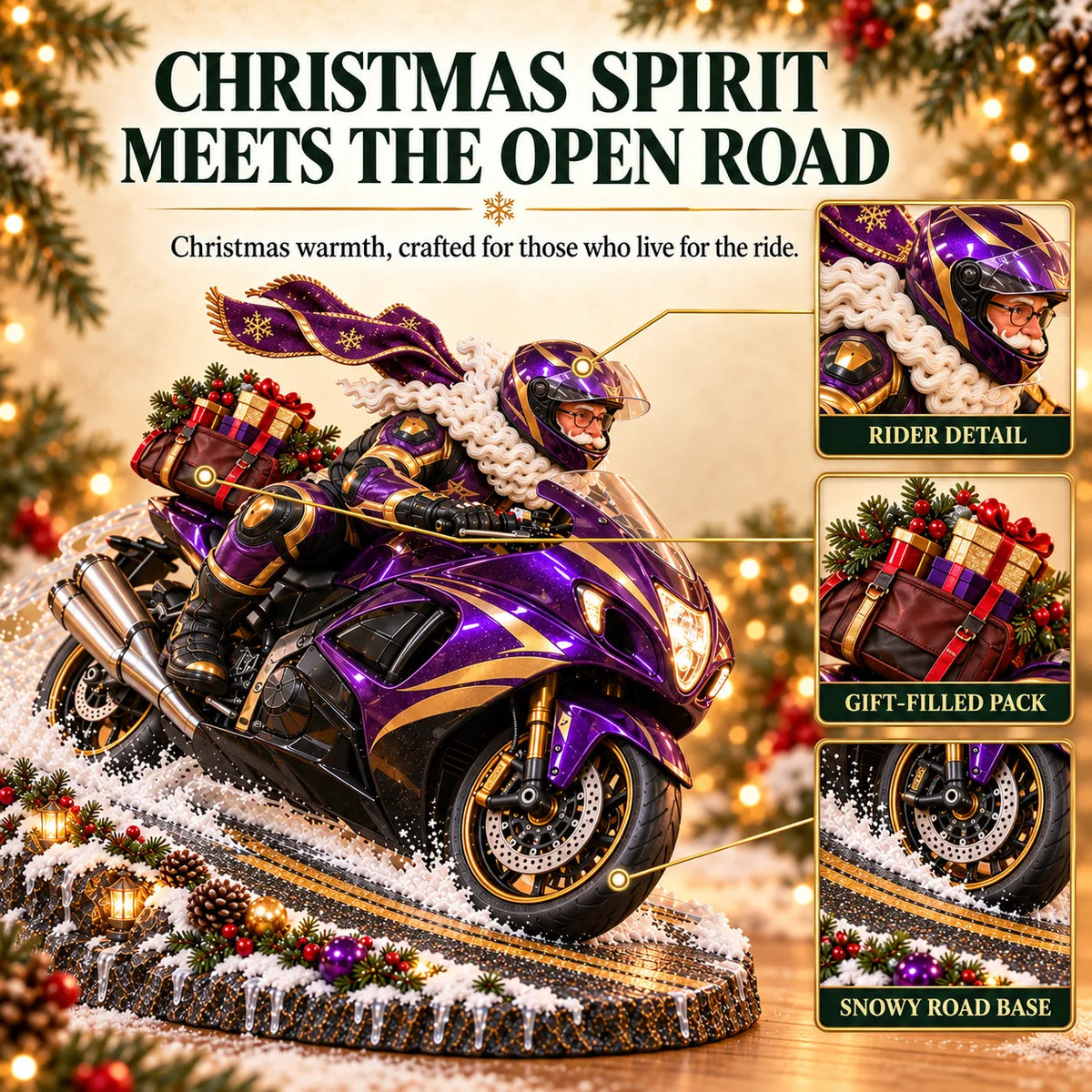 Detailed Christmas sport motorcycle Santa rider figurine