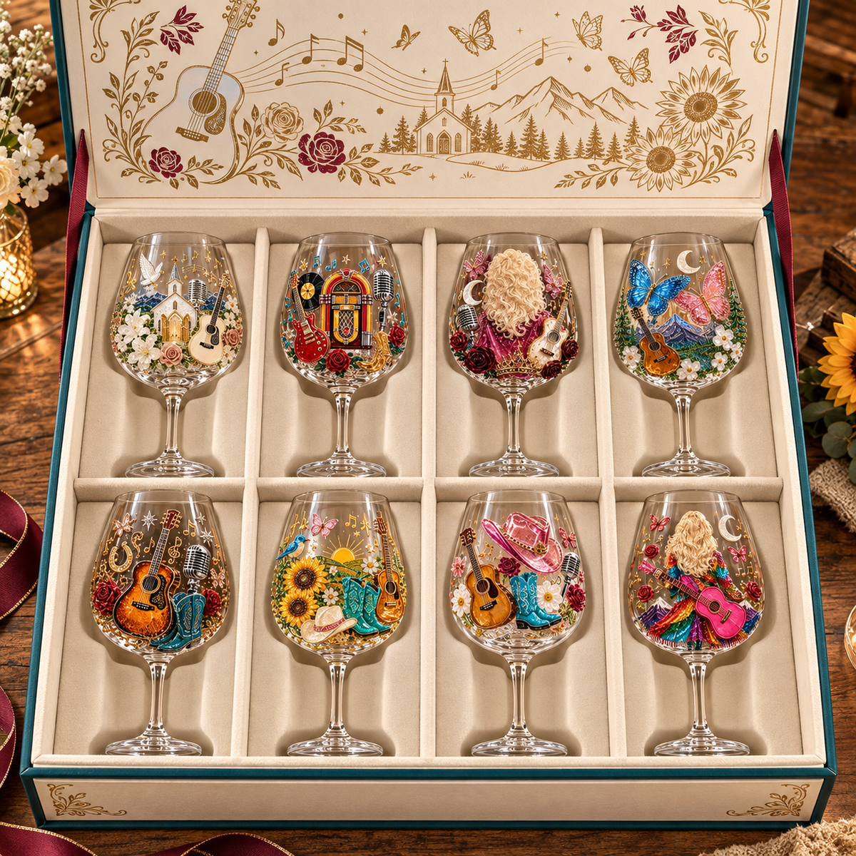 Eight Queen of Country glasses arranged in a presentation box